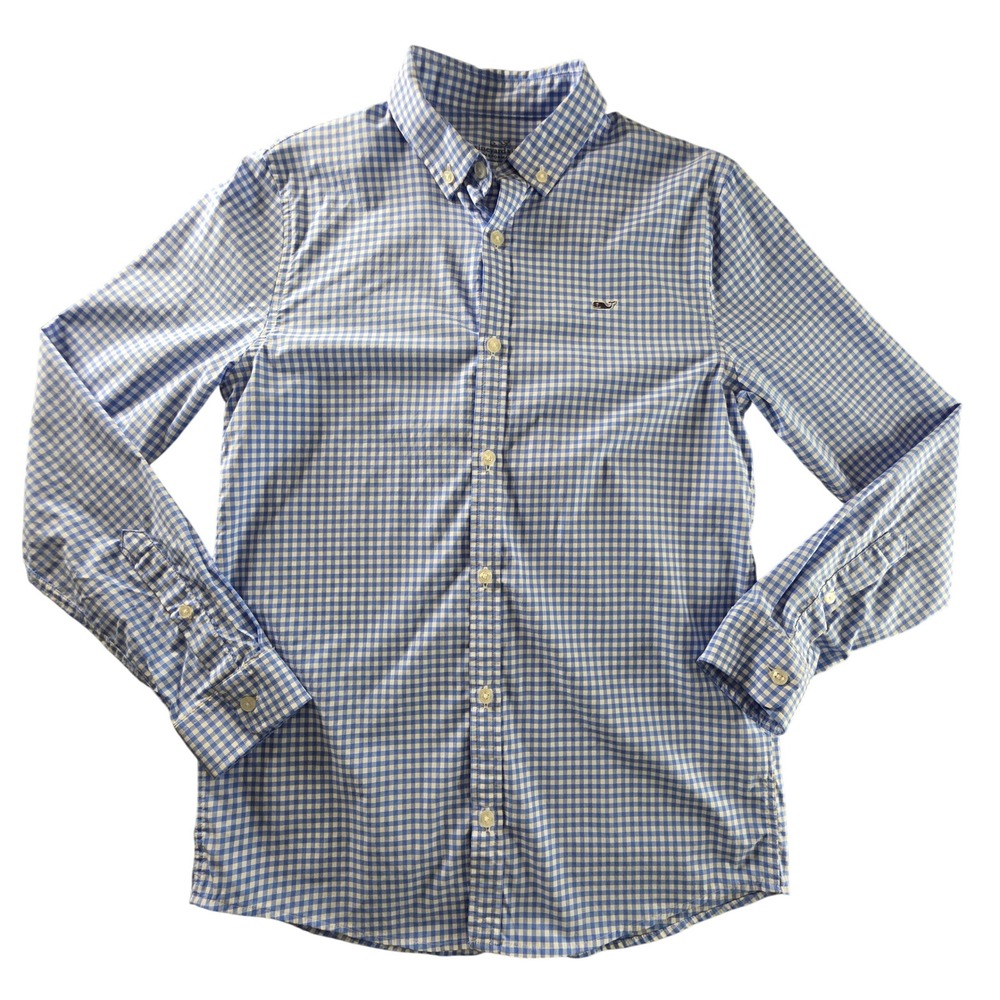 Vineyard Vines Performance Gingham Shirt Boys Large 16 Ocean Blue White 3W001117